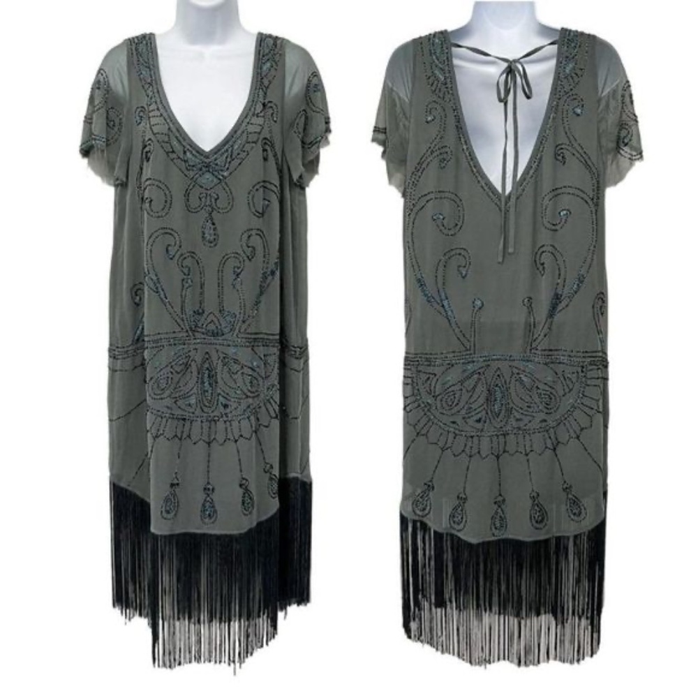 FREE PEOPLE CELESTIAL BEADED FRINGE FLAPPER BOHO DRESS WOMEN’S SIZE S